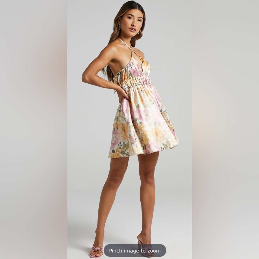 Showpo Floral Halter Mini Dress in Pink and Gold - Picture 2 of 7